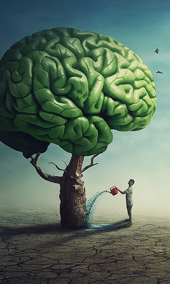 Image of man watering tree that looks like a brain - promoting mental health