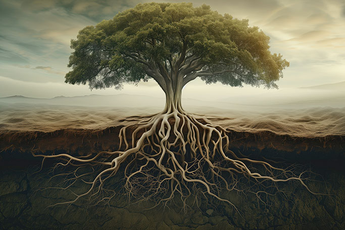 Image of tree and roots as concept for "root of the problem"